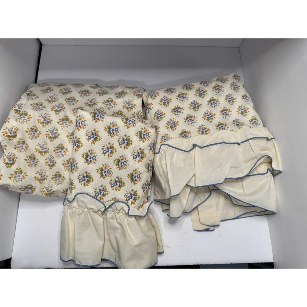 VTG Twin Sheet Set Top Bottom Pillowcase Cottage Floral Ruffle Sears Percale 70s